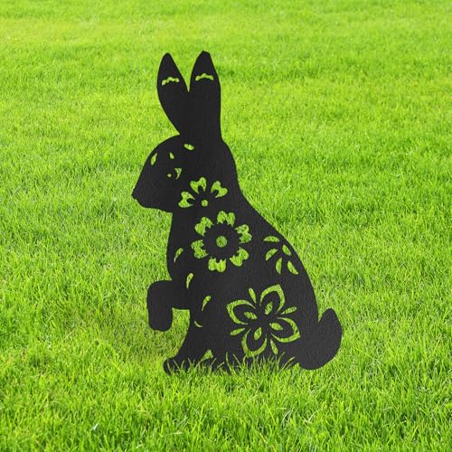 Floral Bunny Metal Garden Stake Decorative, Floral Cutout Design Silhouette Statues for Yard Art, Outside, Patio, Outdoor Decor, Garden Decorations, Lawn Ornaments - 12" Black - color: STA07-2408-M07, size: 12" Black
