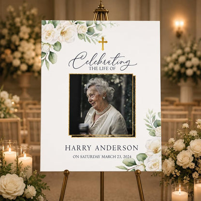 Personalized Funeral Welcome Sign with Photo, White Rose and Cross - color: Design 7