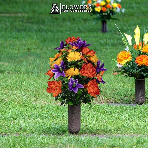 Artificial Cemetery Flowers - Gravesite Flowers - Orange Peonies, Purple Lilies, and Yellow Daisies - size: Bouquet