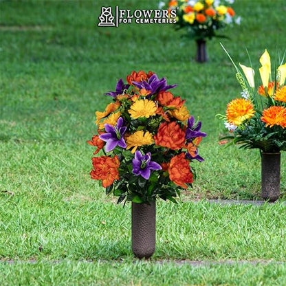 Artificial Cemetery Flowers - Gravesite Flowers - Orange Peonies, Purple Lilies, and Yellow Daisies - size: Bouquet
