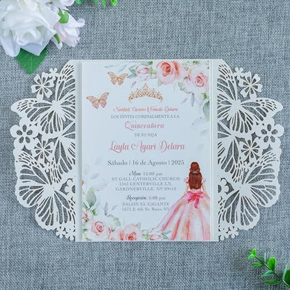 20 PCS 5.12x7.2 Butterfly Personalized Quinceanera Invitation, Customized XV Anos Laser Cut Invitation Cards with Envelopes (Rose Gold Personalized) - color: 20 PCS Rose Gold Personalized