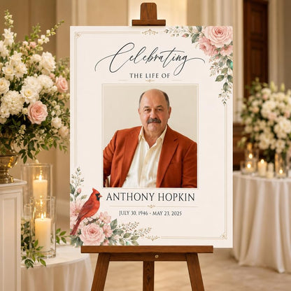 Custom Celebration of Life Sign with Photo, Floral Cardinal Design - color: Design 4