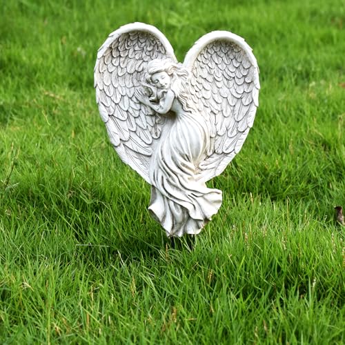 Angel Garden Statue for Outdoor Sleeping Angel with Wings Fairy Memorial Guardian Love Angels with Stake for Outside Yard Art Grave Cemetery Patio Balcony Lawn, White