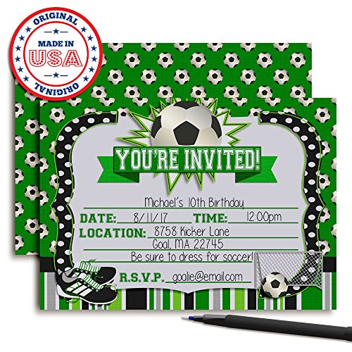 Soccer Birthday Party Invitations, 20 5x7 Fill In Cards with Twenty White Envelopes by AmandaCreation - style: Soccer