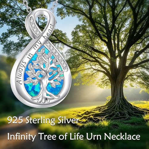 Diamond Tree of Life Urn Necklace for Ashes 925 Sterling Silver Family Tree of Life Cremation with Funnel Filler Ash Holder Keepsake Memorial Jewelry Gifts for Women,18+2 inch - style: Style 2-Blue Opal