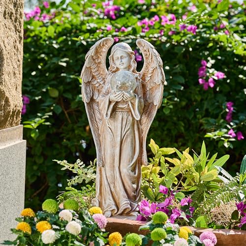 TERESA'S COLLECTIONS Angel Garden Solar Resin Fairy Glass Ball Statue 23" | Solar angel statue with wing & glowing glass ball | Outdoor resin decor for garden, yard, lawn | Great gift for any occasion - size: X-Large