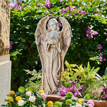 TERESA'S COLLECTIONS Angel Garden Solar Resin Fairy Glass Ball Statue 23" | Solar angel statue with wing & glowing glass ball | Outdoor resin decor for garden, yard, lawn | Great gift for any occasion - size: X-Large