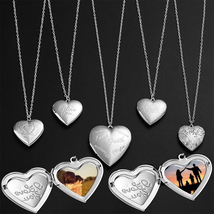 Locket Picture Pendant Heart Necklace,Retro Carved Flower Relief Pattern Oval Center Necklace Souvenir Memorial Clavicle Jewelry for Women - color: silver heart