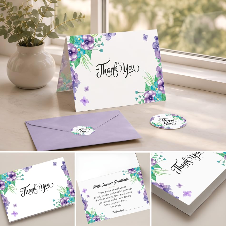 28 Pack Funeral Thank You Cards with Envelopes & Stickers, 6x8 Inches Foldable, Sympathy Bereavement Notes with Message Inside, Suitable for Memorial Services (Style 1)