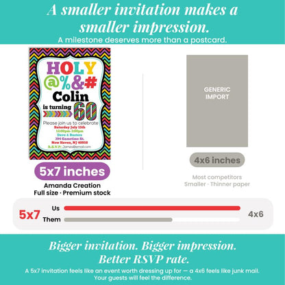 Custom Birthday Invitations 60th Birthday Invitation 30 5x7 Custom 60 Party Invitation Cards With Envelopes - Unique 60th Party Invitation Hilarious Holy &*$% Theme - style: Custom - 30 Pack