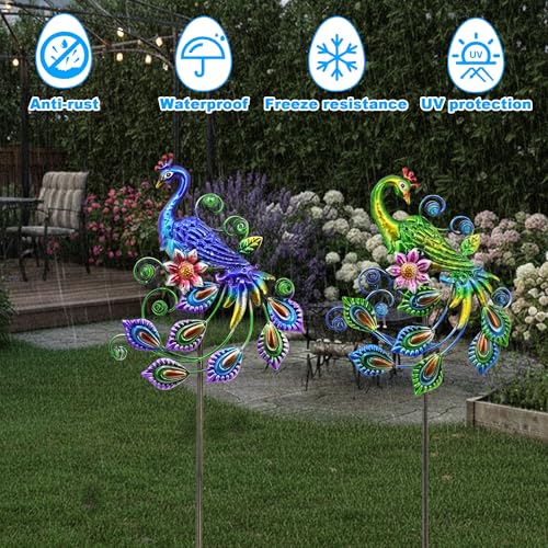 2 Pack Peacock Metal Garden Stakes 29.5in Rustproof Yard Art Outdoor | UV-Protective Coating、Embossed Scrollwork、Outdoor Use、Artisan-Crafted、Timeless Elegance - color: Peacock Ground Stake