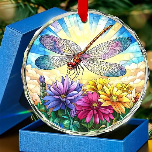 Glass Dragonfly Ornament W/Ribbons & Gift Box Christmas Tree Hanging Decorations, Stained Glass Effect Dragonfly-Pendant Memorial Ornaments, Birthday Gifts for Women Mom Family or Exchange - color: Dragonfly