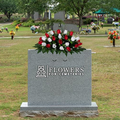 30" Headstone Flower Saddle Artificial Cemetery Flowers - Gravesite Flowers - Red and White Roses - color: Red and White Roses, size: (1) Saddle