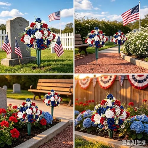 2 Set Artificial Patriotic Flowers Bouquet for Grave 4th of July Memorial Day Veterans Cemetery Decoration with Long Nail Vases Weatherproof Red White Blue Rose Daisy Floral American 250th Anniversary