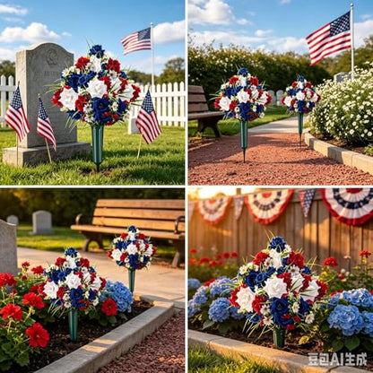 2 Set Artificial Patriotic Flowers Bouquet for Grave 4th of July Memorial Day Veterans Cemetery Decoration with Long Nail Vases Weatherproof Red White Blue Rose Daisy Floral American 250th Anniversary