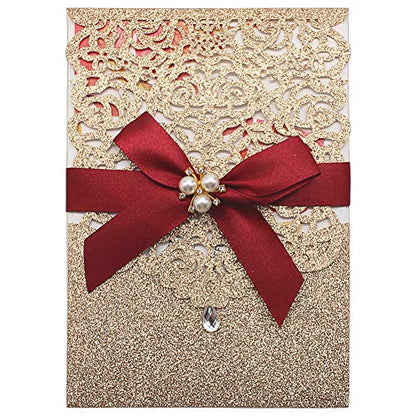 25Pcs Gold Glitter Laser Cut Invitations with RSVP Cards and Envelopes - color: Glitter Gold