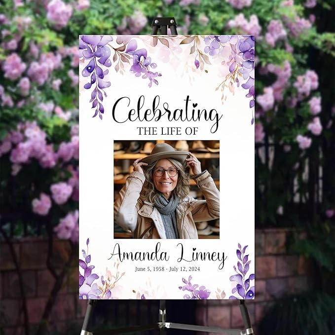 Personalized Funeral Welcome Sign - Funeral Welcome Sign For Women - Purple Celebration of Life Sign - In Loving Memory Sign - Purple Flower Funeral Sign Personalized - Custom Poster, Celebration Of Life Decor - Picture Boards For Funeral