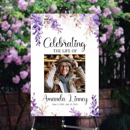 Personalized Funeral Welcome Sign - Funeral Welcome Sign For Women - Purple Celebration of Life Sign - In Loving Memory Sign - Purple Flower Funeral Sign Personalized - Custom Poster, Celebration Of Life Decor - Picture Boards For Funeral