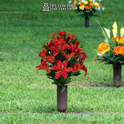 Sympathy Silks Artificial Cemetery Flowers - Gravesite Flowers - Fire Red Lily, Rose, and Daisies - color: Fire Red, size: Bouquet