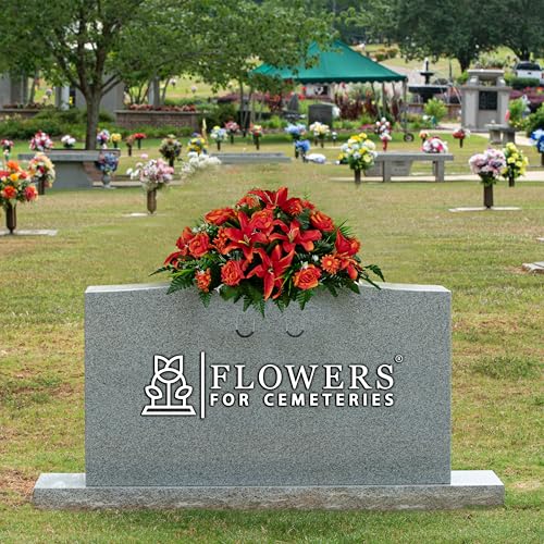 Sympathy Silks 30" Headstone Flower Saddle Artificial Cemetery Flowers - Gravesite Flowers - Fire Red Lily, Rose, and Daisies - color: Fire Red, size: Saddle