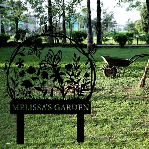 Personalized Garden Sign with Flower Design Custom Stake Butterfly Customized Gardening Gift Farmhouse Decor for Outside Gardening Decorative Gifts Gardeners Backyard Art Yard Outdoor Lawn Patio Path Black Large Camping Housewarming Mom Grandmother - colo