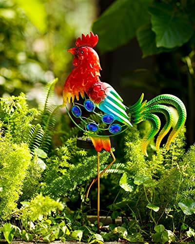 GDF 20" Chicken Decor - Outdoor Rooster Decor Solar Lights -Metal Rooster Garden Decorations for Yard Pathway Lawn Patio Courtyard for Her/Him (Updated)