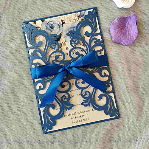 25PCS Royal Blue Laser Cut Wedding Invitations Cards with Envelopes,Blank pearl royal blue - color: pearl royal blue