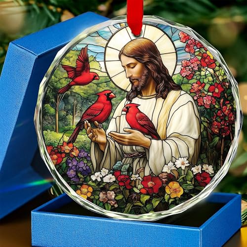 Christmas Christian Gifts for Women Faith Red Cardinals Glass Ornament W/Box, Jesus & Cardinal Xmas Hanging Decorations Jesus Gifts for Men Adults Women of God Christmas Religious Catholic Faith Gift - color: Cardinal Christian