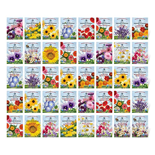 The Old Farmer's Almanac Premium Flower Seed Variety Pack - 40 Packets - Non-GMO, Premium, Open Pollinated
