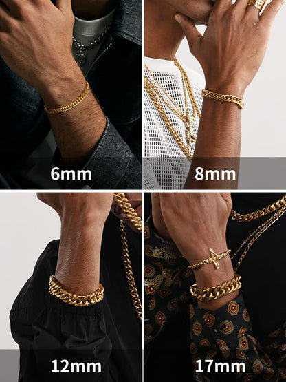 ChainsHouse Stainless Steel Cuban Link Bracelet, 6mm/8mm/12mm/17mm Width, 7.5"/8.3"/9", Black/ 18K Gold Plated Chain Wrist Bracelets for Men Women, Send Gift Box - color: K: Gold-8mm width