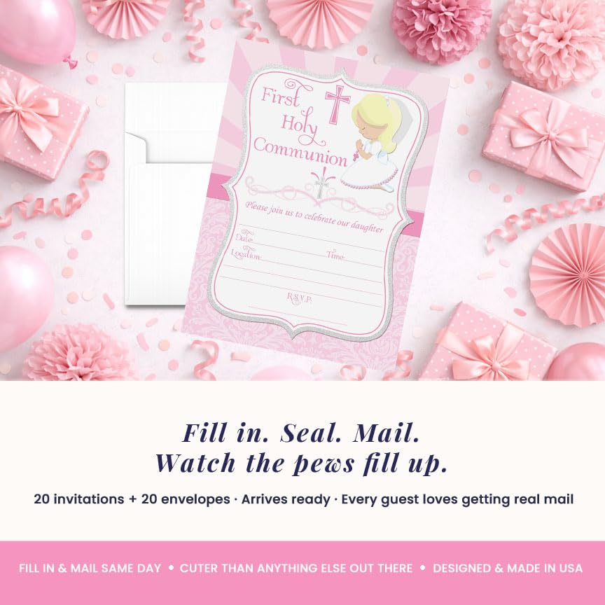 First Holy Communion Religious Party Invitations for Girls (Light Skin, Blond Hair), 20 5x7 Fill In Cards with Twenty White Envelopes by AmandaCreation - style: Light Skin, Blond Hair Girl