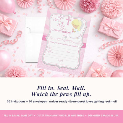 First Holy Communion Religious Party Invitations for Girls (Light Skin, Blond Hair), 20 5x7 Fill In Cards with Twenty White Envelopes by AmandaCreation - style: Light Skin, Blond Hair Girl