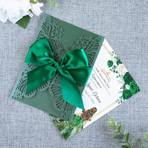 20 PCS Butterfly Quinceanera Invitation, Laser Cut Invitation Cards | 5.12x7.2" Emerald Green Butterfly Quinceanera Invitation with Envelopes for XV Anos Bridal Shower Baby Shower Invite - color: Emerald Green