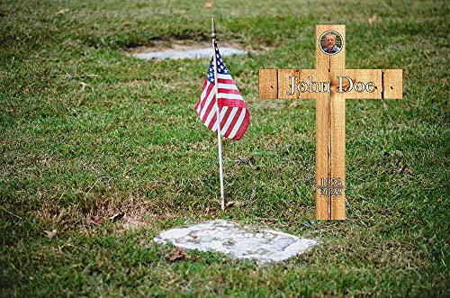 PK Décor Faux Wood Cross - Grave Picture For Cemetery Waterproof - Sympathy Engraved Gift - Cross Memorial Stake - Funeral Yard Sign Custom - Last Minute (Cross Antique Pine) - style: Cross Antique Pine
