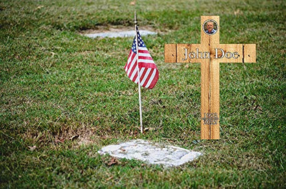 PK Décor Faux Wood Cross - Grave Picture For Cemetery Waterproof - Sympathy Engraved Gift - Cross Memorial Stake - Funeral Yard Sign Custom - Last Minute (Cross Antique Pine) - style: Cross Antique Pine