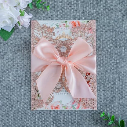 20 PCS Butterfly Quinceanera Invitation, Laser Cut Invitation Cards | 5.12x7.2" Rose Gold Glitter Butterfly Quinceanera Invitation with Envelopes for XV Anos Bridal Shower Baby Shower Invite - color: Rose Gold Glitter