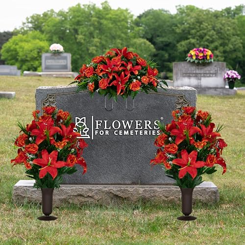 Sympathy Silks Artificial Cemetery Flowers - Gravesite Flowers - Fire Red Lily, Rose, and Daisies - (1) Headstone Flower Saddle & (2) Matching Bouquet (2) Cemetery Vase Included - color: Fire Red, size: (1) Saddle (2) Bouquet (2) Vase