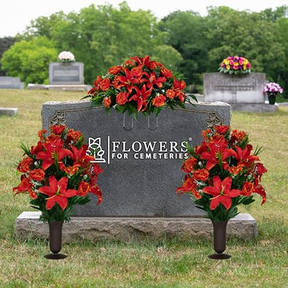 Sympathy Silks Artificial Cemetery Flowers - Gravesite Flowers - Fire Red Lily, Rose, and Daisies - (1) Headstone Flower Saddle & (2) Matching Bouquet (2) Cemetery Vase Included - color: Fire Red, size: (1) Saddle (2) Bouquet (2) Vase
