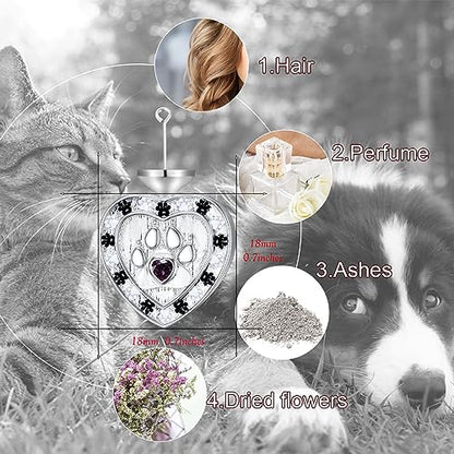 SOULMEET Memorial Pet Necklace for Ashes, Silver/White Gold Paw Print Urn Necklaces with Birthstone for Ashes Keepsake Cremation Jewelry for Pet Cats Dogs - style: B1-Locket Only-February