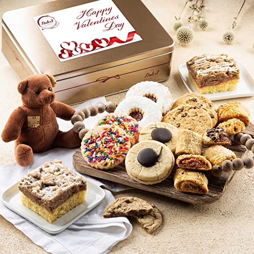 Dulcet Gift Baskets Happy Valentines Love Day Deluxe Bakery Mix of Assorted Cookies and Pastries with Decorative Teddy Bear for Women, Friend, College, Couples, Husband, Wife, Him & Her. - style: Valentine's Day