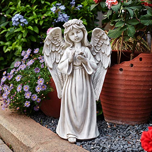 Angel Garden Statue with LED Lights, Light Up Angel Figurines Outdoor Decor for Patio, Lawn, Cemetery Grave Decoration, Sympathy Gift, H16.1 inch