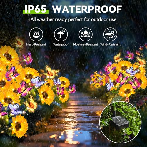 Solar Sunflower Lights with Butterflies, Bright Garden Light Outdoor Decor | Waterproof Lifelike Sunflower Blooms, Auto On/Off, Solar Flower Lights for Yards, Patios, Paths, Gifts for Women Mom Grandma - size: Butterfly Sunflower - 3PC