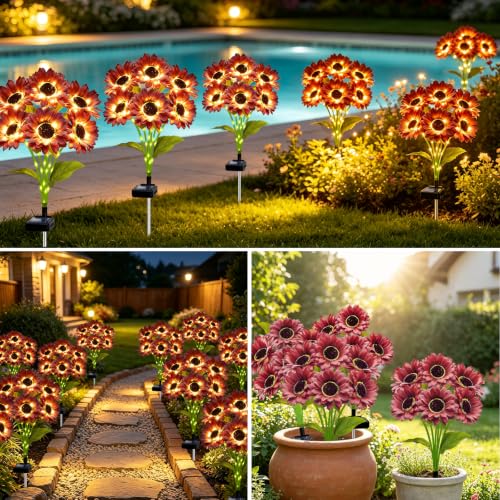 ANGMLN Solar Garden Lights 4 Pack 24 Solar Red Sunflower Lights - color: 6 Head Sunflower Red
