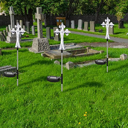 Riakrum 4 Pcs Solar Cross Lights Cemetery Memorial Stake 16 Inch,Cross | Waterproof Outdoor Garden Stake, Grave Decorations Religious Solar Powered, Cemetery Yard Memorial Markers