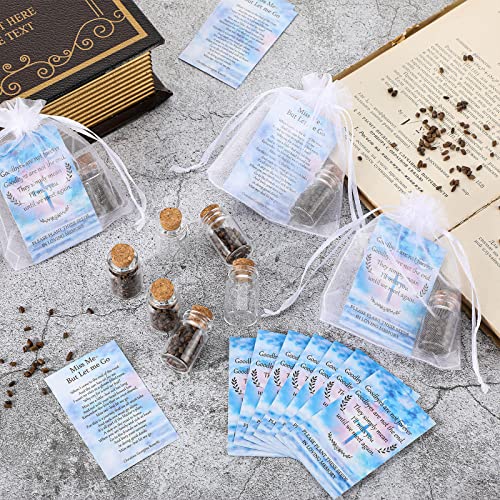 Fumete 150 Pcs Funeral Favors Include 50 Celebration of Life Prayer Cards 50 Memorial Seeds Glass Bottles with Cork Stopper (No Seeds) 50 Organza Bags for Loss of Loved One