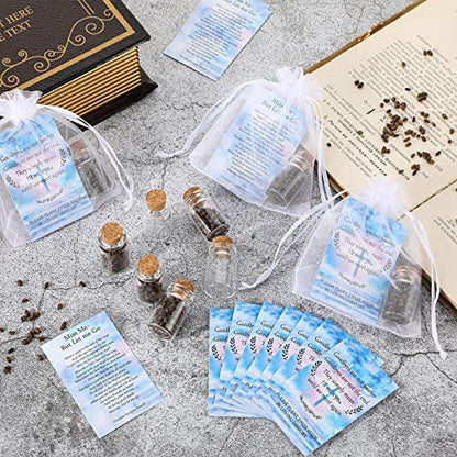 Fumete 150 Pcs Funeral Favors Include 50 Celebration of Life Prayer Cards 50 Memorial Seeds Glass Bottles with Cork Stopper (No Seeds) 50 Organza Bags for Loss of Loved One