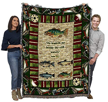 Pure Country Weavers Gone Fishing Psalm Blanket - Scriptures - Psalm 23:2 - Religious Lake Lodge Cabin Gift Tapestry Throw Woven from Cotton - Made in the USA (72x54) - color: Psalm 23:2 Fishing, size: 72" x 54"
