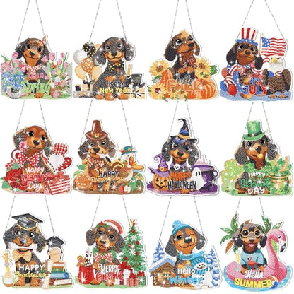 Cinnvoice Seasonal Diamond Art Hanging Kit,12 Pcs,Dachshund | 12 Pcs,Dachshund,Dog Holiday Diamond Art Hanging Sign, Festival Crystal Suncatcher, for Door Window Wall Decor - style: Dachshund