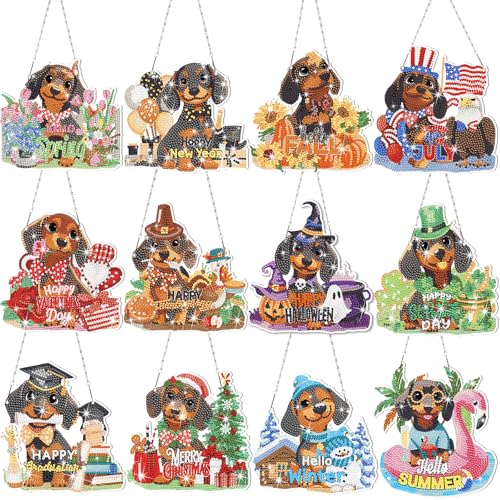Cinnvoice Seasonal Diamond Art Hanging Kit,12 Pcs,Dachshund | 12 Pcs,Dachshund,Dog Holiday Diamond Art Hanging Sign, Festival Crystal Suncatcher, for Door Window Wall Decor - style: Dachshund