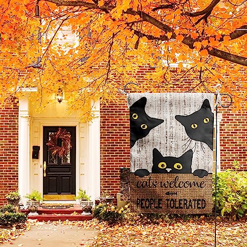 Black Cat Garden Flag Cats Welcome People Tolerated Sign Flag Halloween Banners for Outside 12 X 18 Double Sided Cat Lovers Gifts for Women - color: catscome